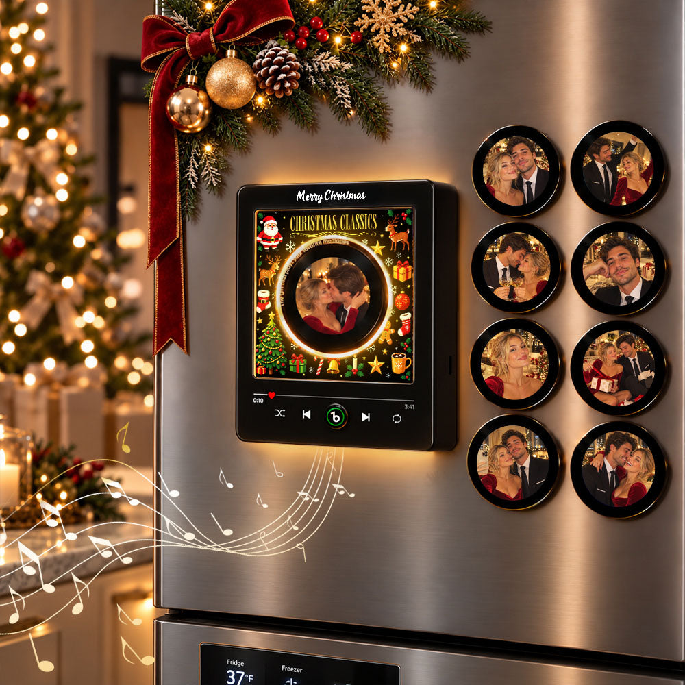 Black personalized music fridge magnet with photo discs and warm lighting