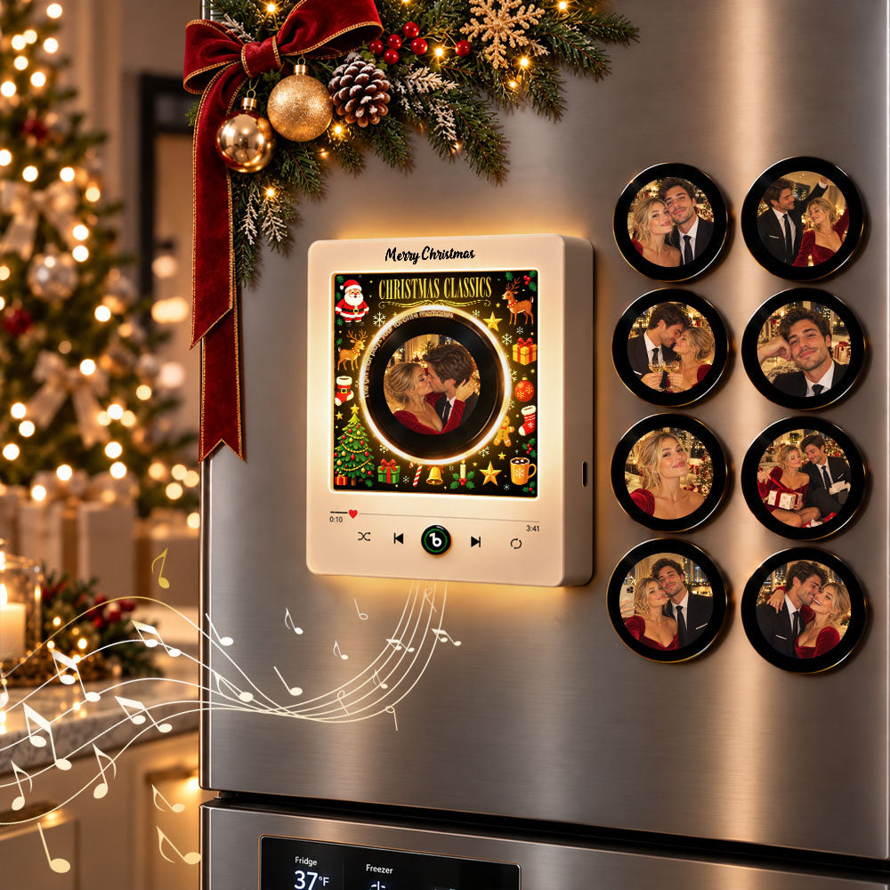White personalized music fridge magnet with photo discs and warm lighting