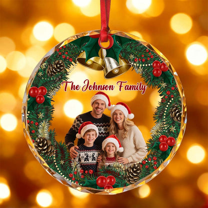 Family photo ornament with a festive wreath border and custom family name