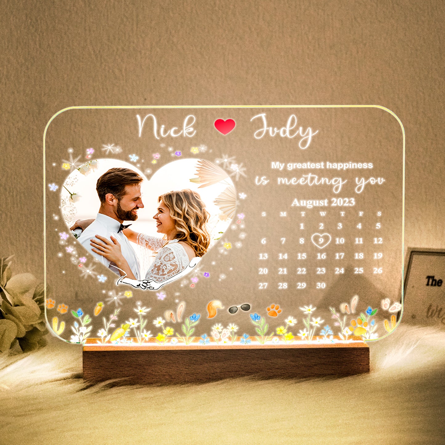 Personalized Photo LED Light with Wooden Base Gift for Love's Sweetest Moments - My Greatest Happiness Is Meeting You Valentines Gift