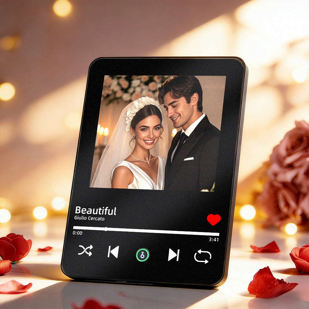 Music photo frame displayed with a custom wedding photo and song details