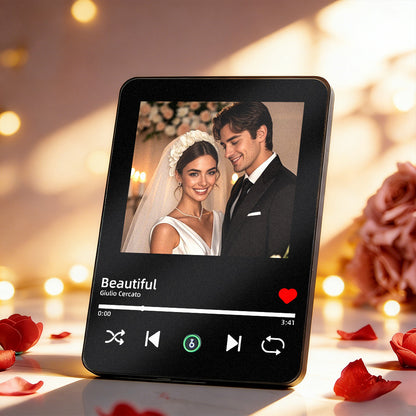 Music photo frame displayed with a custom wedding photo and song details