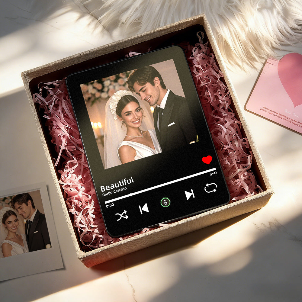 Personalized music photo frame presented in an open gift box
