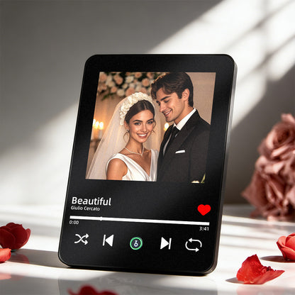 Personalized music photo frame with wedding photo and song playback controls