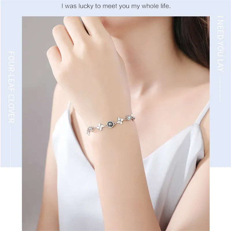 Customized Four-Leaf Clover Photo Projection Bracelet With Image Inside