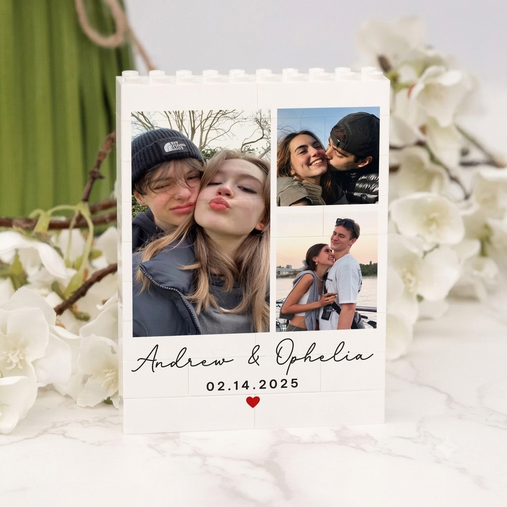 Custom photo collage building block frame with couple names and date