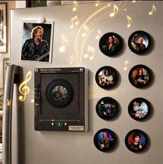 Mini vinyl-style music player with nine custom magnetic photo discs