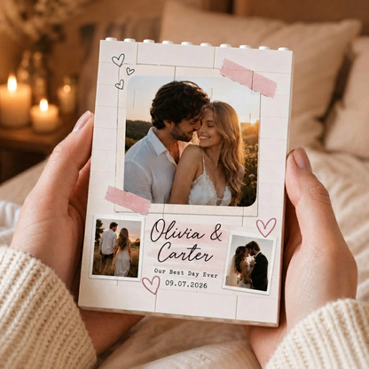 Personalized photo building block frame with couple portrait and names