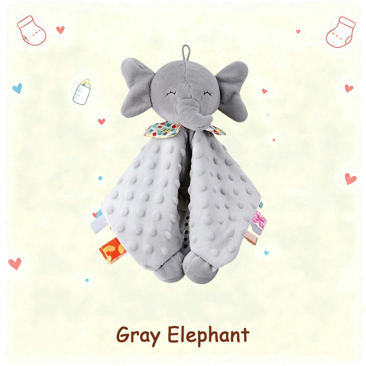 Gray elephant baby lovey with ribbon tags