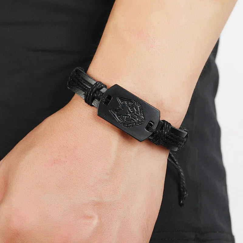 Wolf Head Leather Bracelet: Bold Rock Punk Style Jewelry Gift