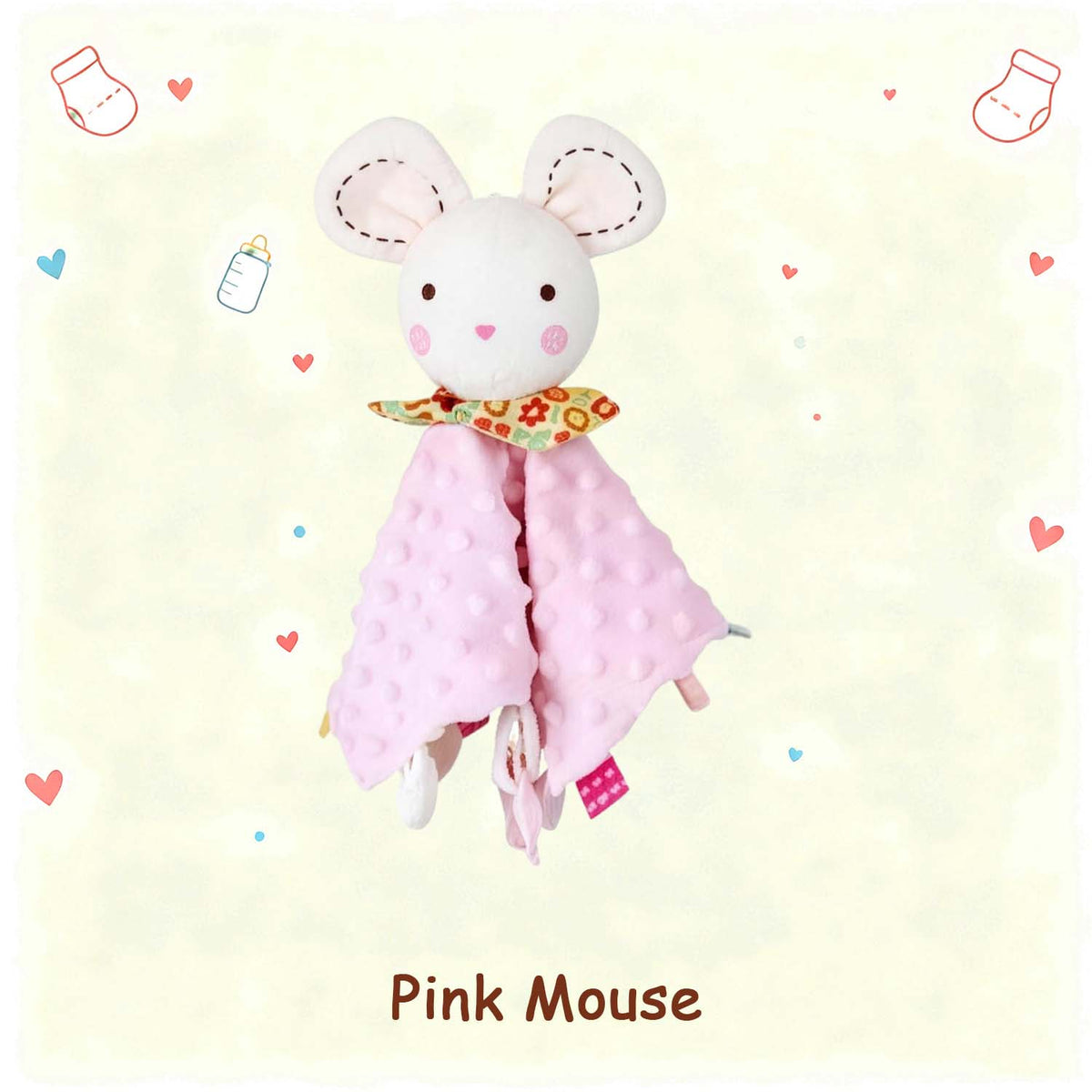 Pink mouse baby lovey with ribbon tags