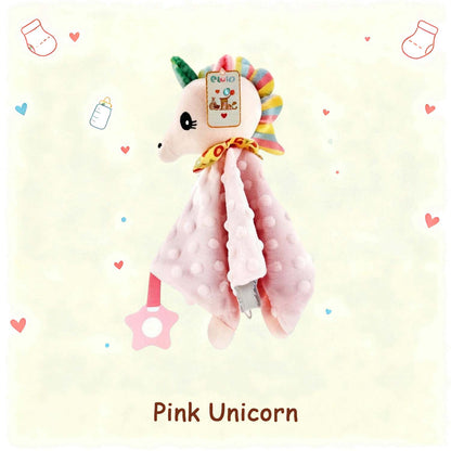 Pink unicorn baby lovey with textured blanket panel