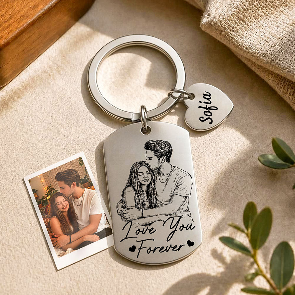 Silver couple photo sketch keychain with custom message and heart charm