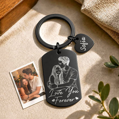 Black couple photo sketch keychain with custom message
