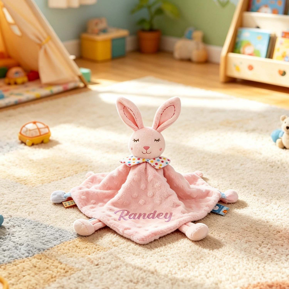 Pink rabbit name lovey displayed in a play area