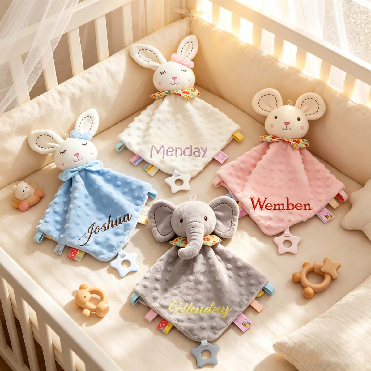 Rabbit, mouse, and elephant personalized lovey blankets displayed together