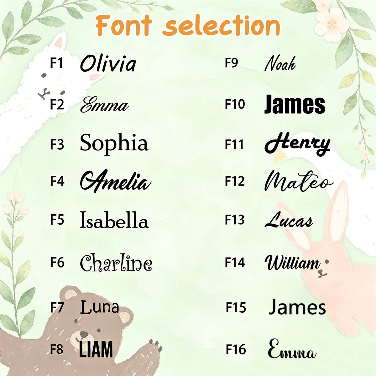 Font selection chart for embroidered baby names