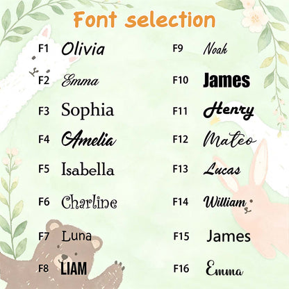 Font selection chart for embroidered baby names