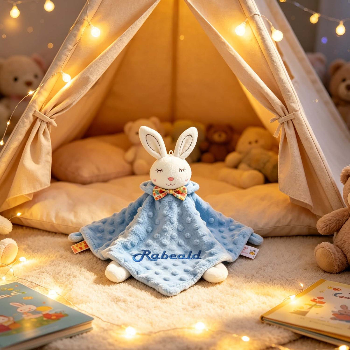 Blue rabbit embroidered-name lovey in a play tent