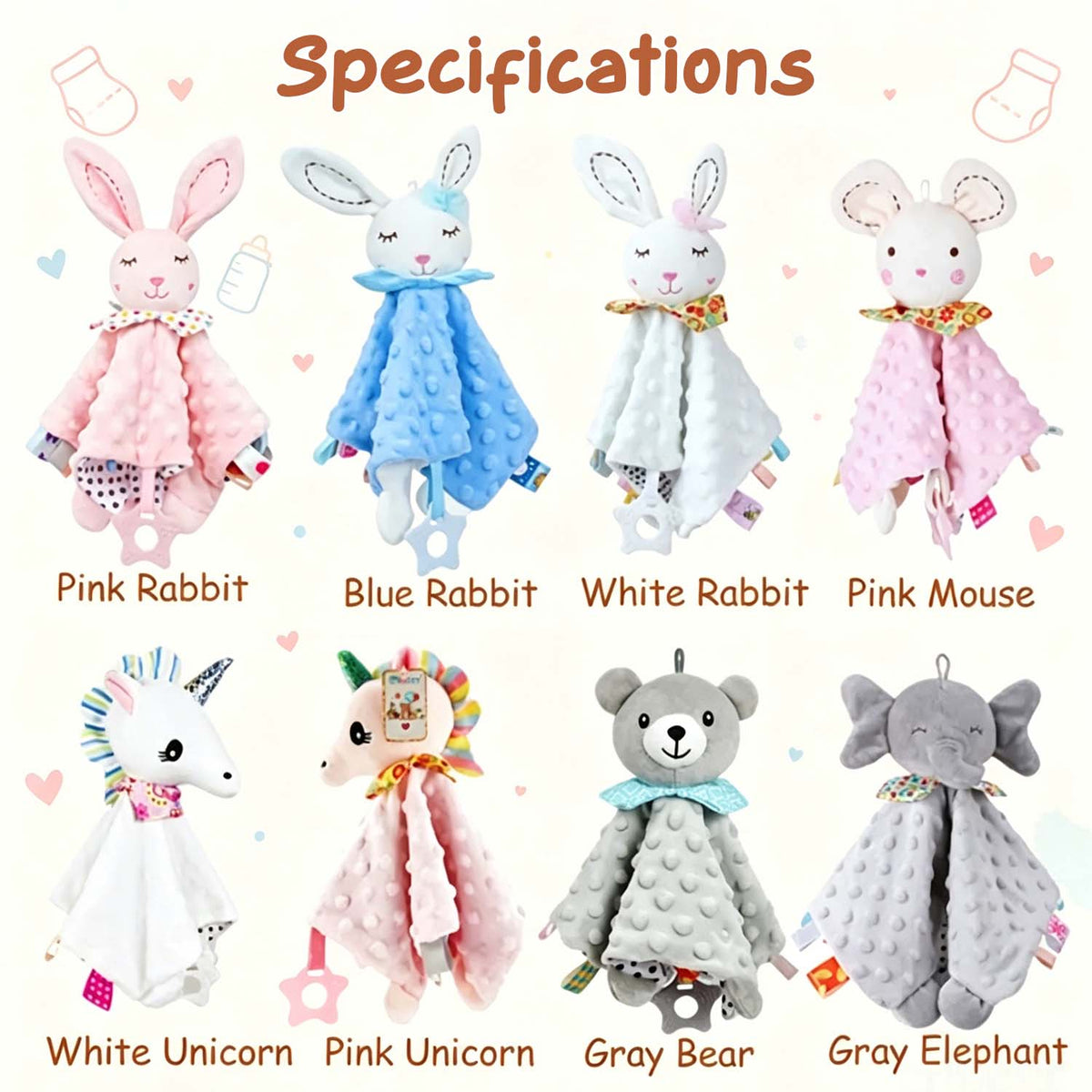 Available animal styles for personalized baby lovey blankets