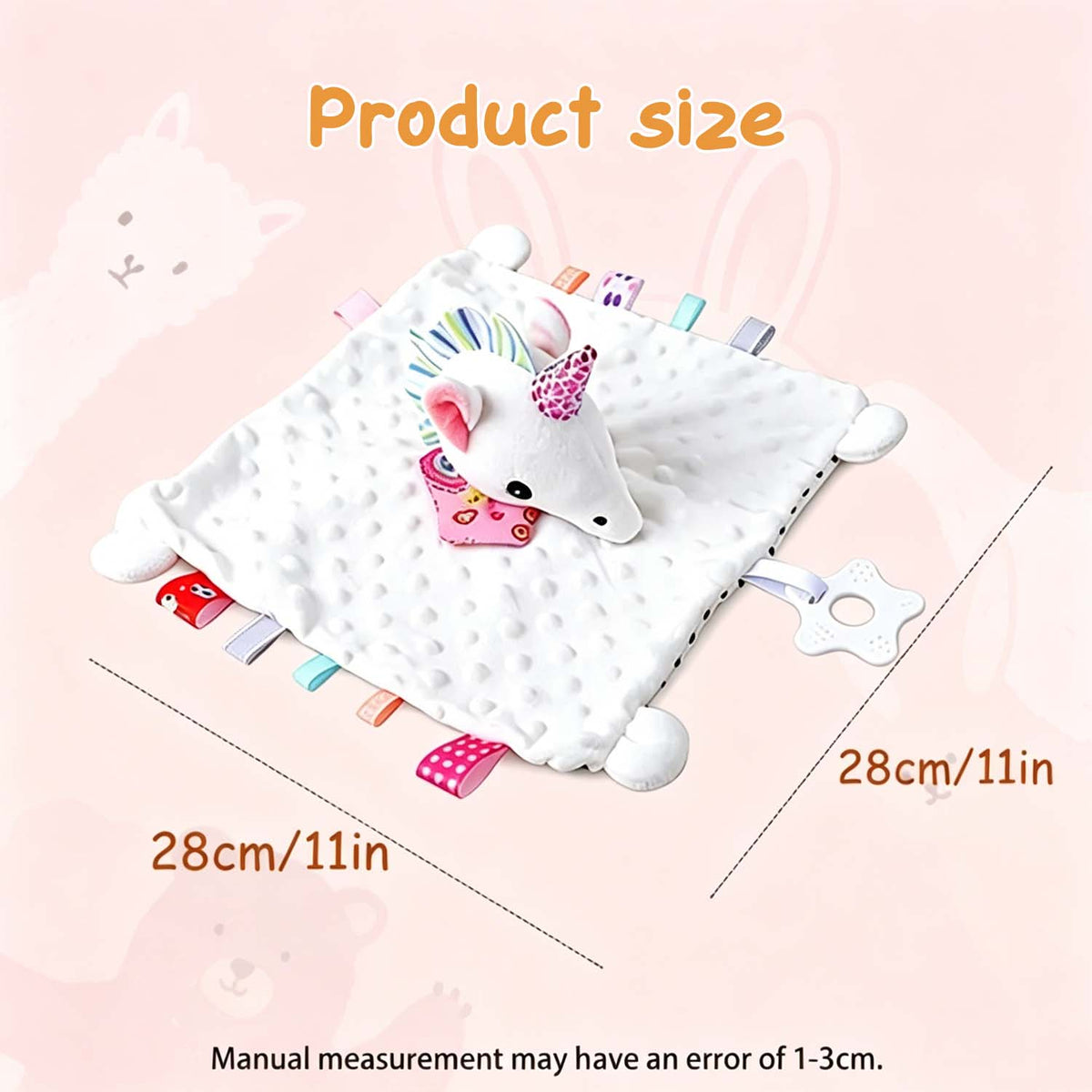 Size chart showing a 28 by 28 cm animal lovey blanket panel