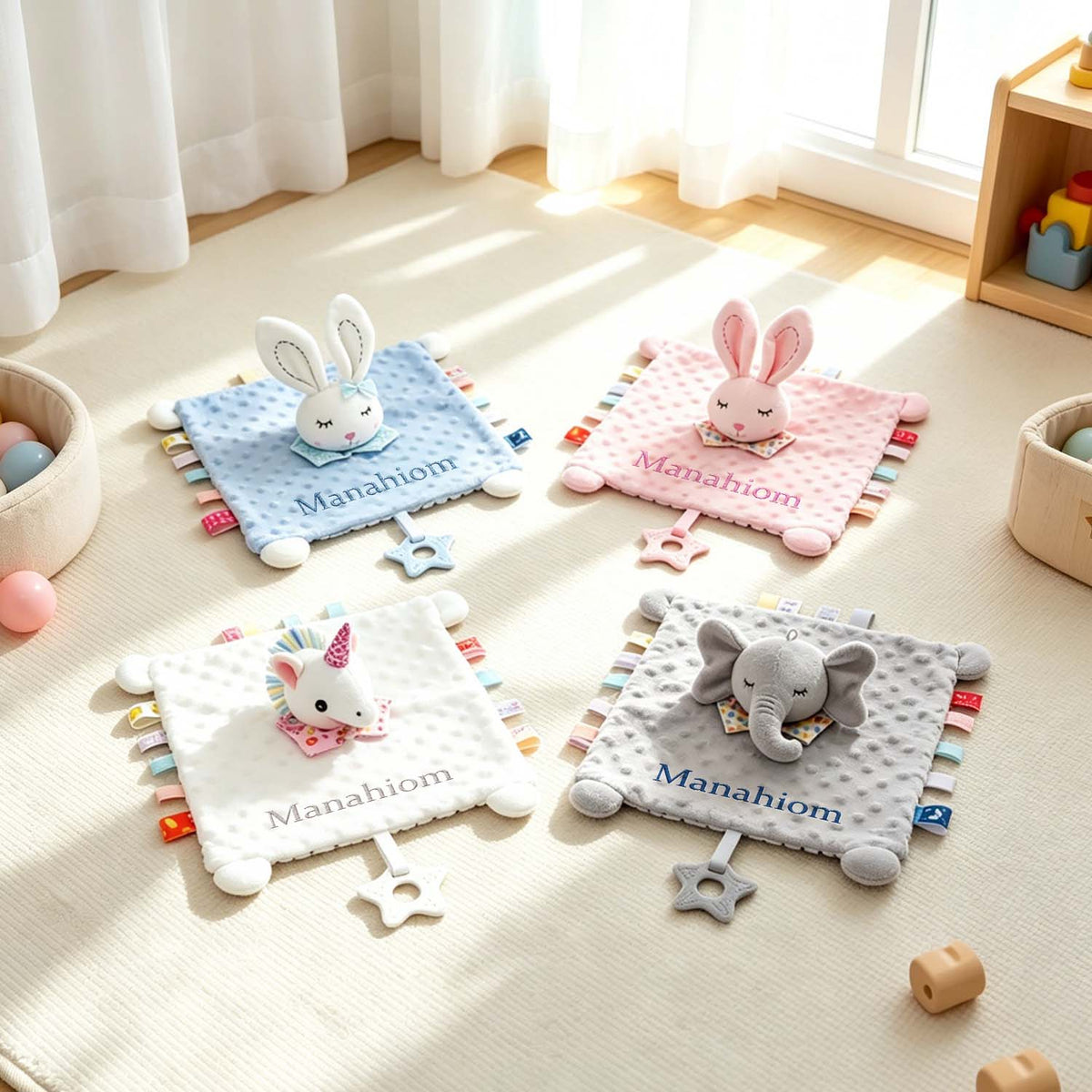Personalized animal lovey blankets with embroidered names