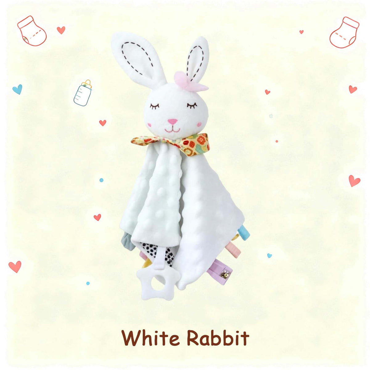 White rabbit baby lovey with ribbon tags