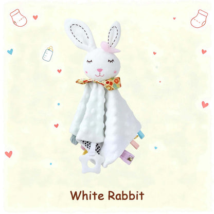 White rabbit baby lovey with ribbon tags
