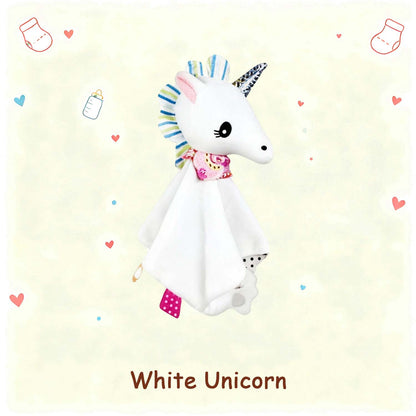 White unicorn baby lovey with textured blanket panel