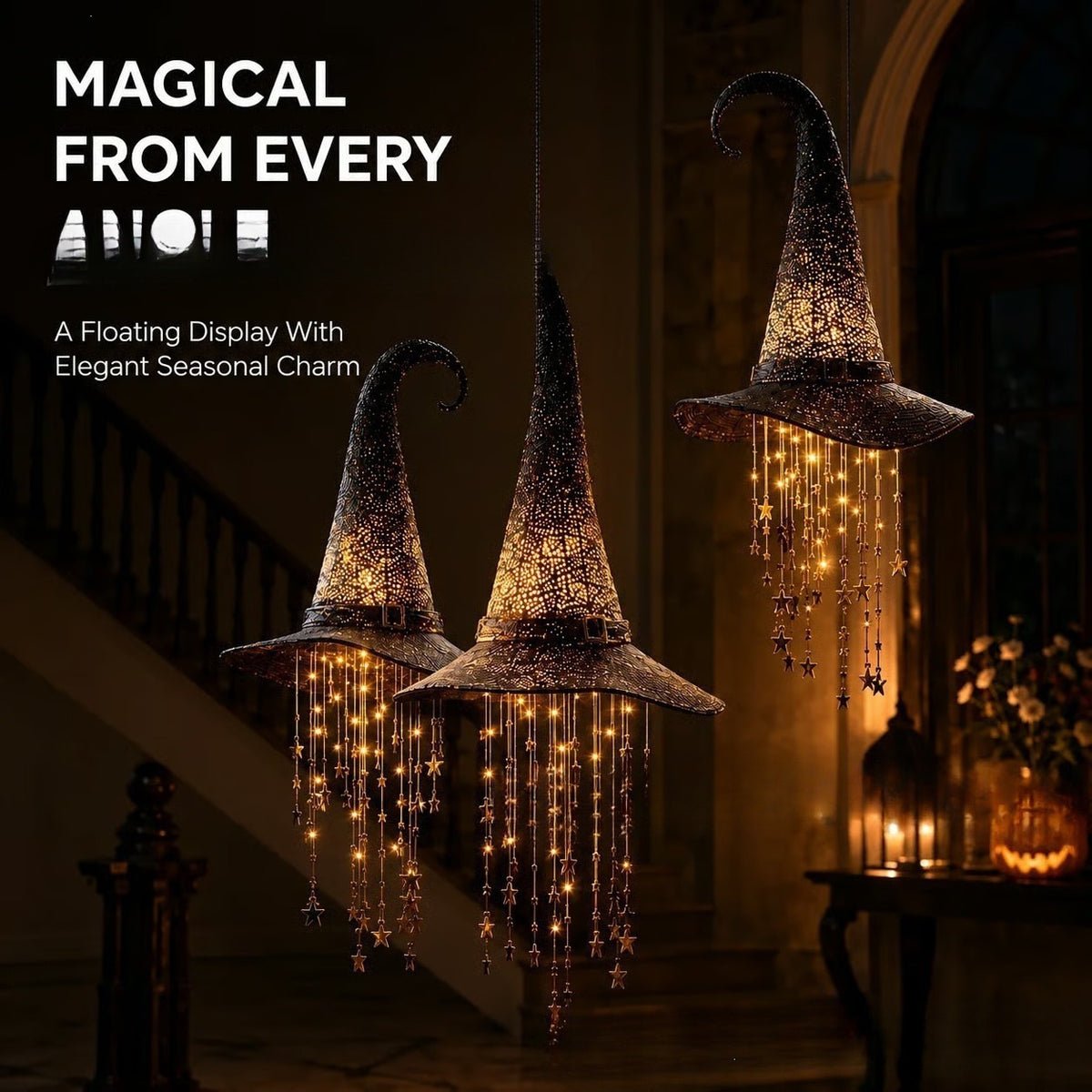 LED witch hats with dangling lights in a dark Halloween display