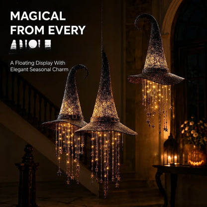 LED witch hats with dangling lights in a dark Halloween display