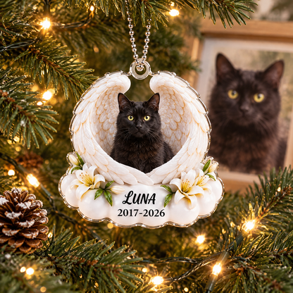 Black cat memorial photo ornament framed by angel wings and lilies