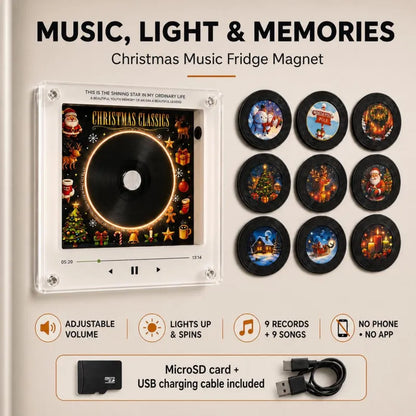 Music fridge magnet feature graphic showing nine discs, charging cable, and music playback