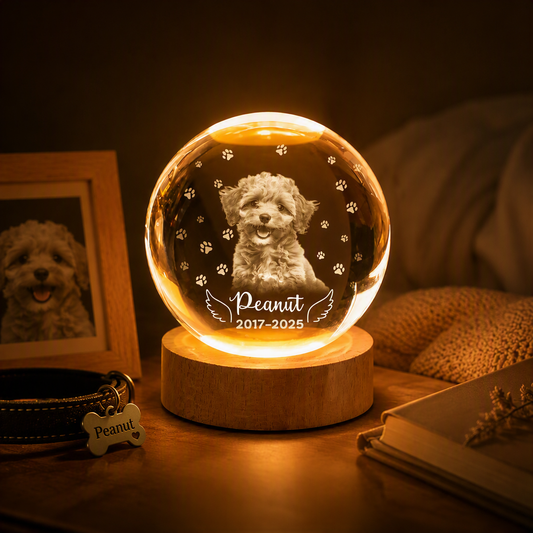 Illuminated pet memorial crystal ball with dog photo, name, and dates