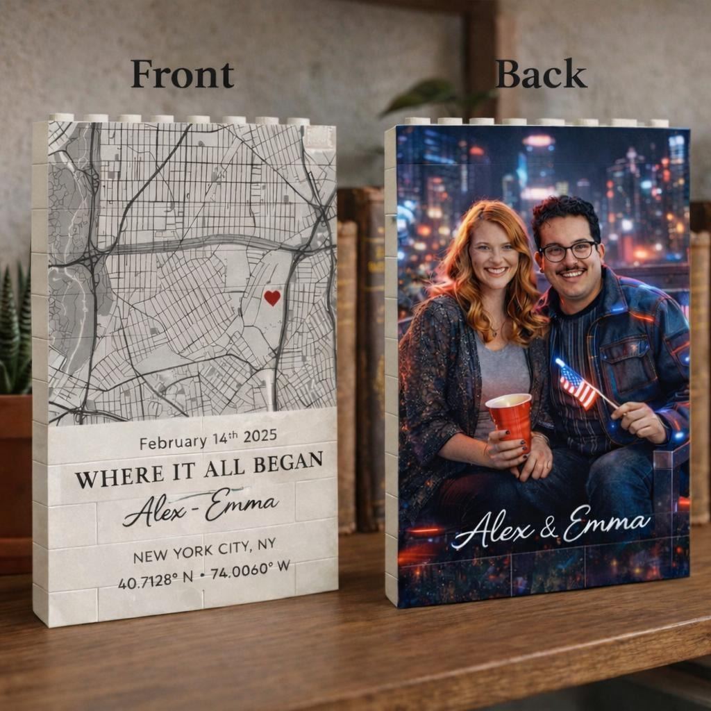 Front and back building block frame designs with map and couple photo