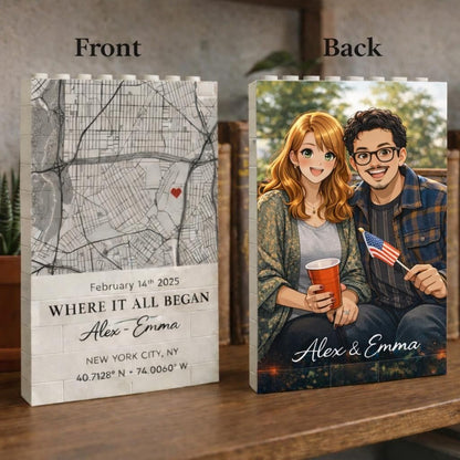 Map and cartoon couple designs on a personalized building block frame