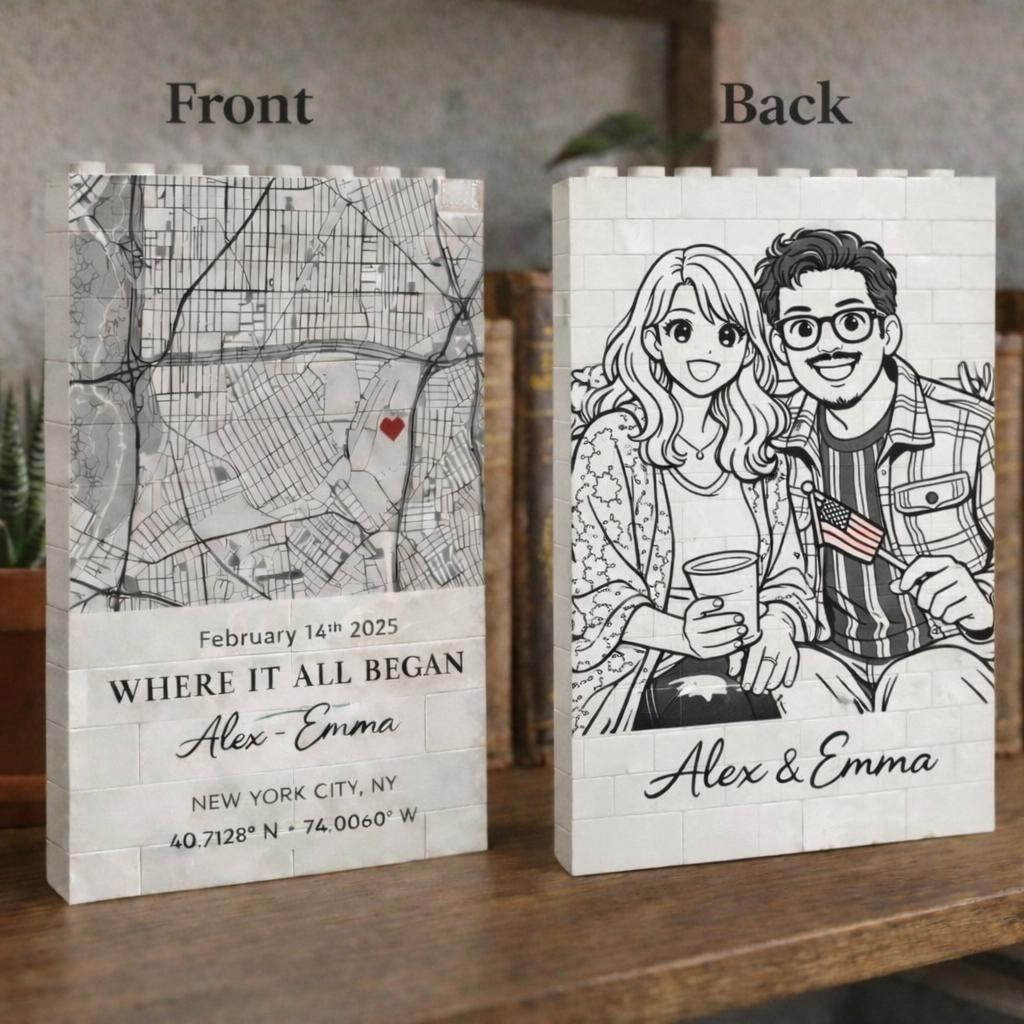 Map and sketch-style couple designs on a custom photo block frame