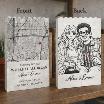 Map and sketch-style couple designs on a custom photo block frame