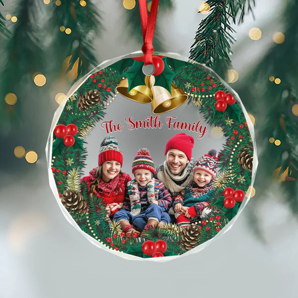 Family group photo printed on a personalized holiday ornament