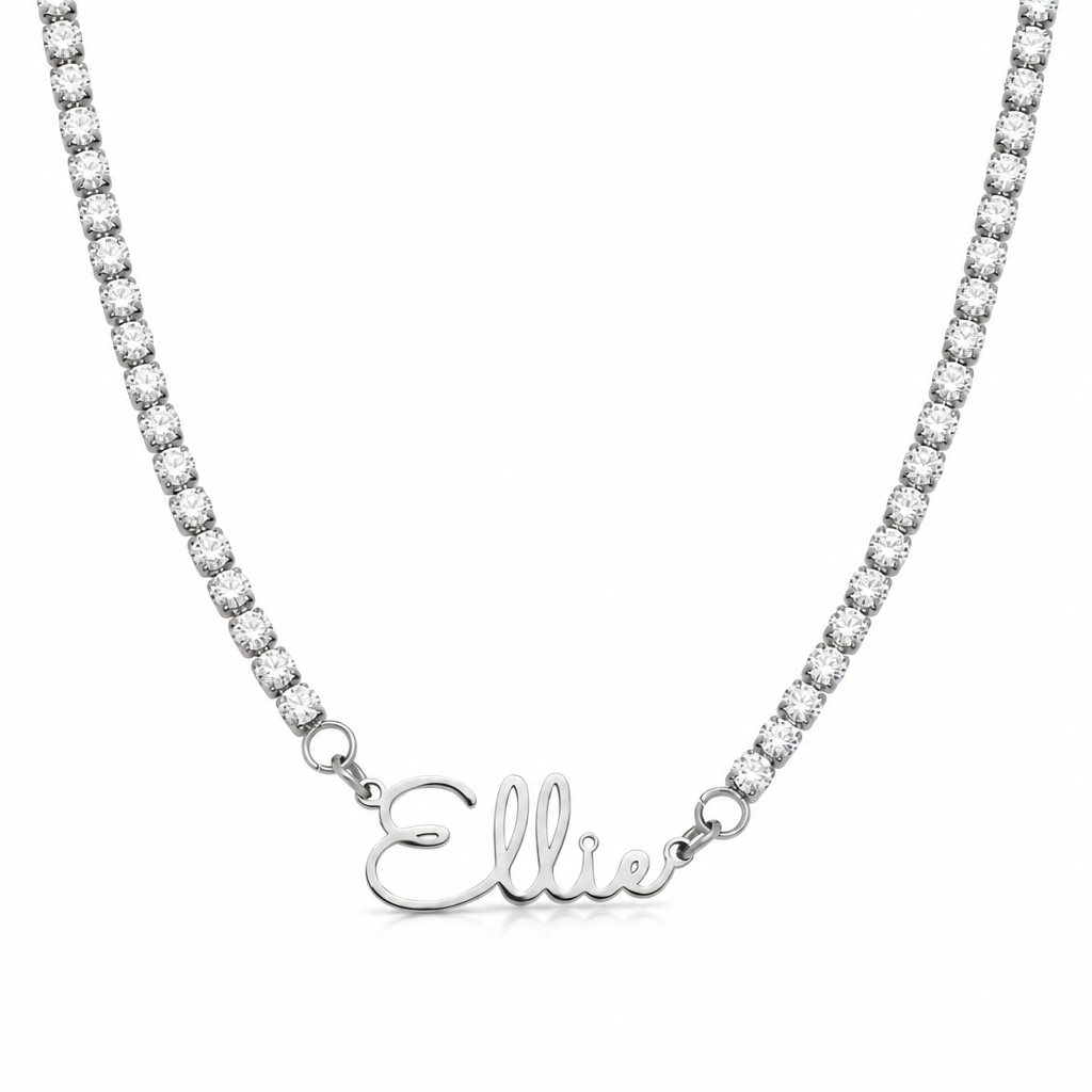 Silver-color personalized name tennis necklace with sparkling stone chain