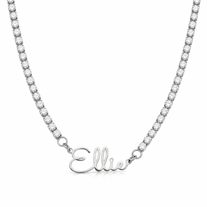 Silver-color personalized name tennis necklace with sparkling stone chain