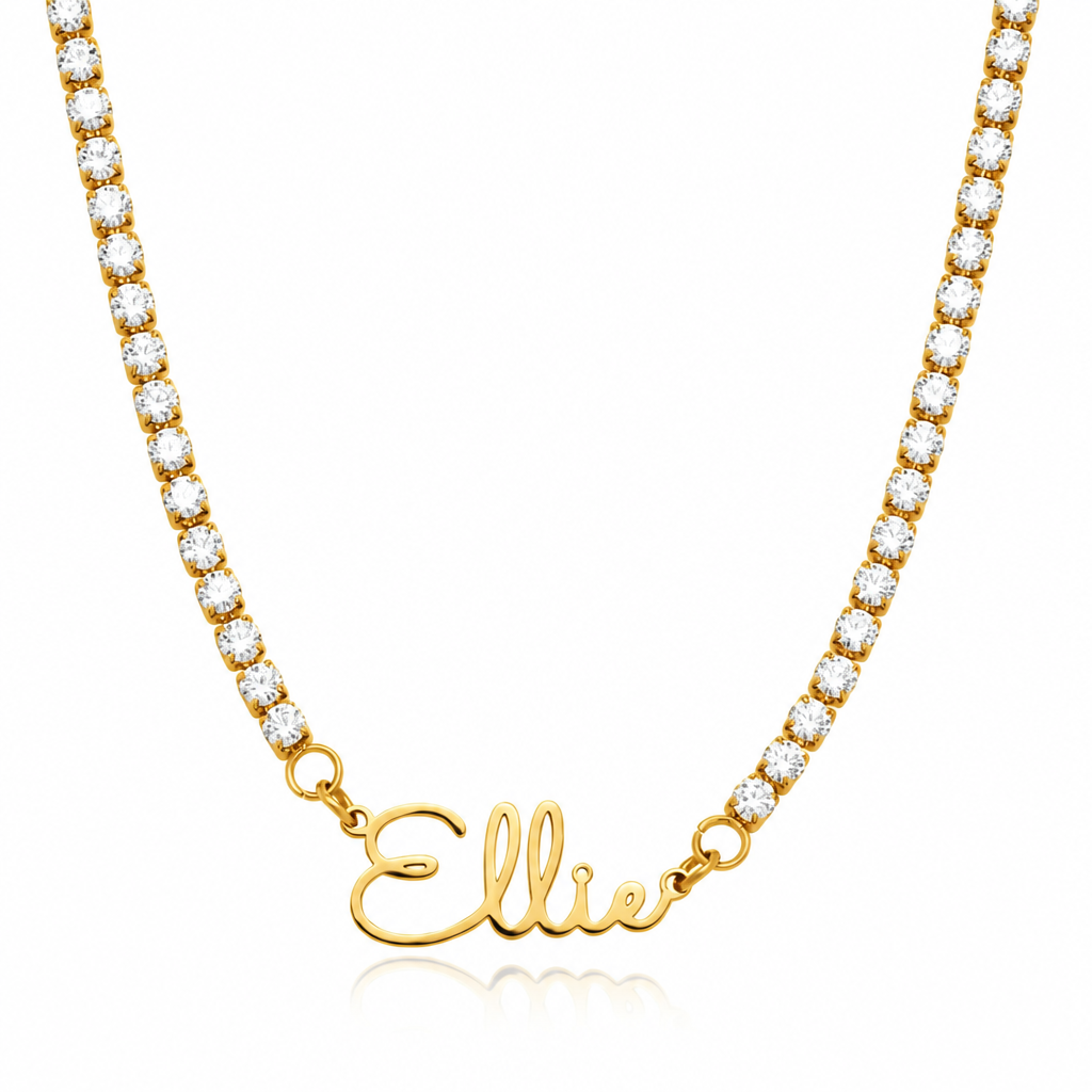 Gold-color personalized name tennis necklace with sparkling stone chain