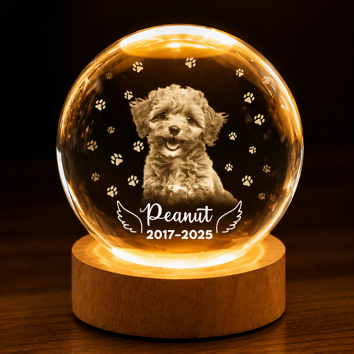Small dog portrait inside a personalized memorial crystal ball light