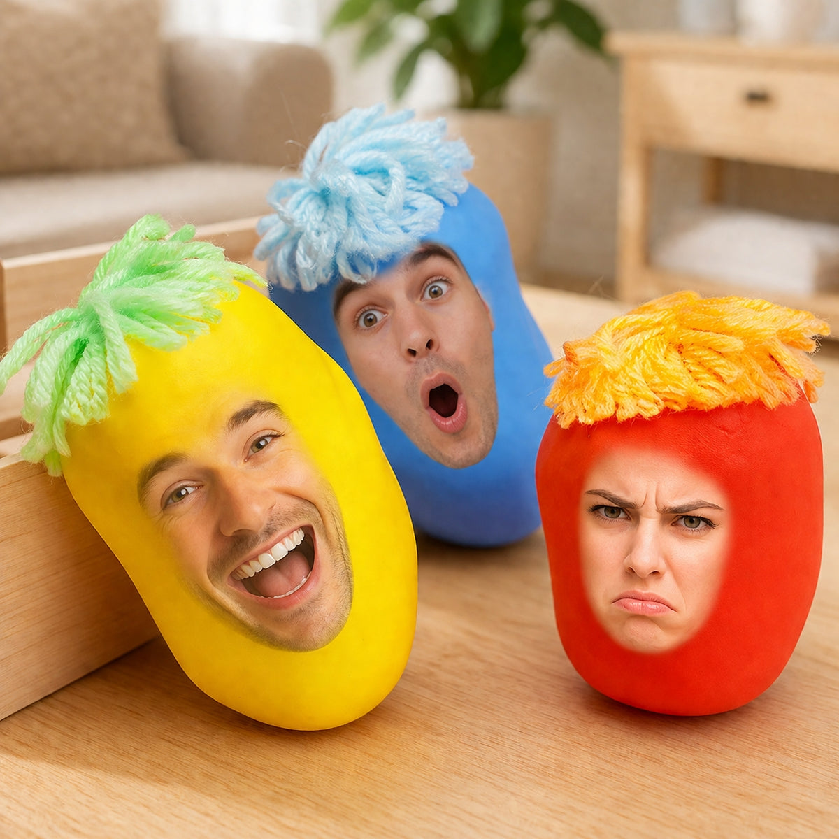 Colorful custom face squishy toys displayed on a desk