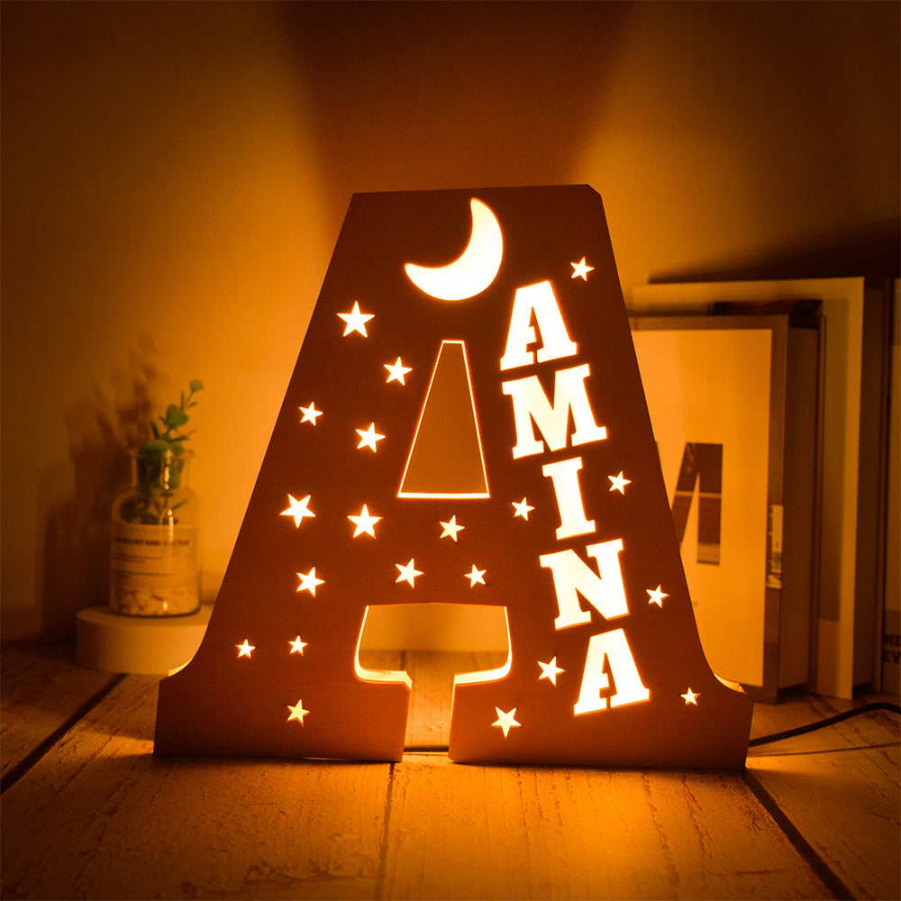 Custom 26 Letters Hollow with Stars Wooden Lamp