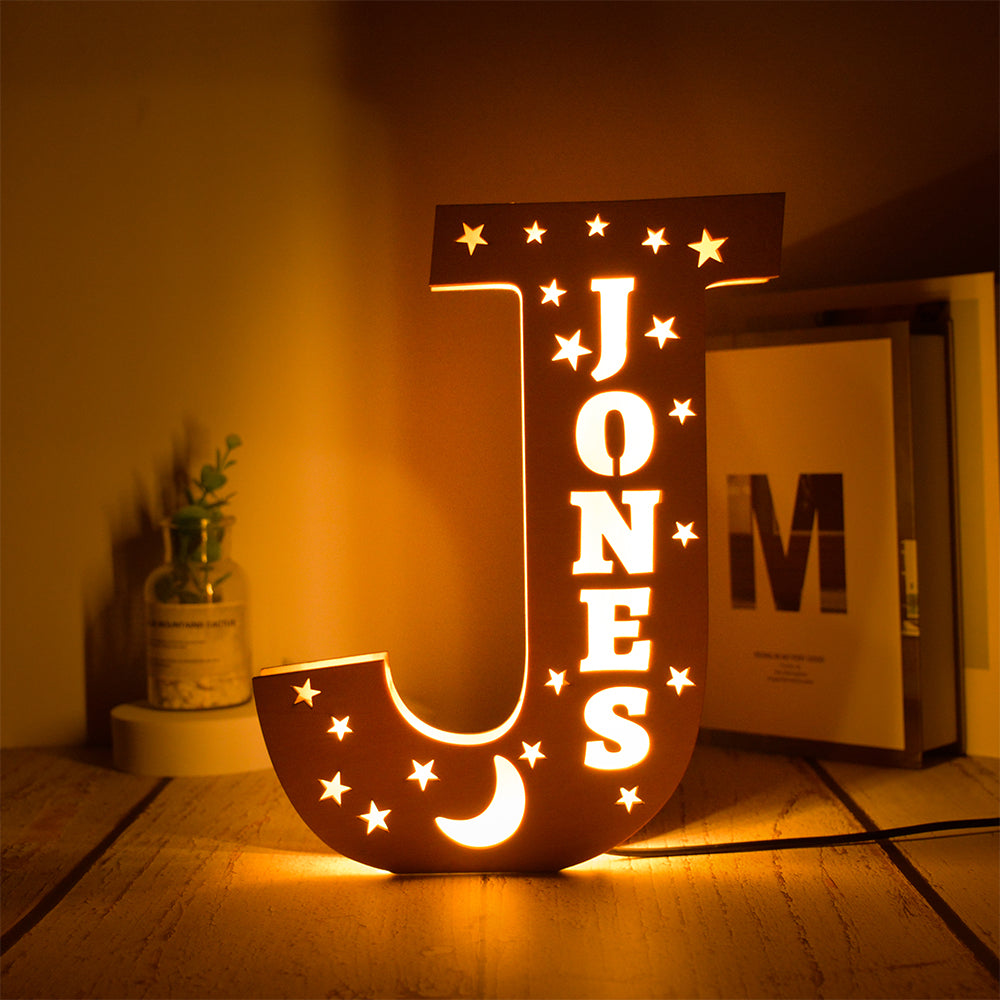 Custom 26 Letters Hollow with Stars Wooden Lamp